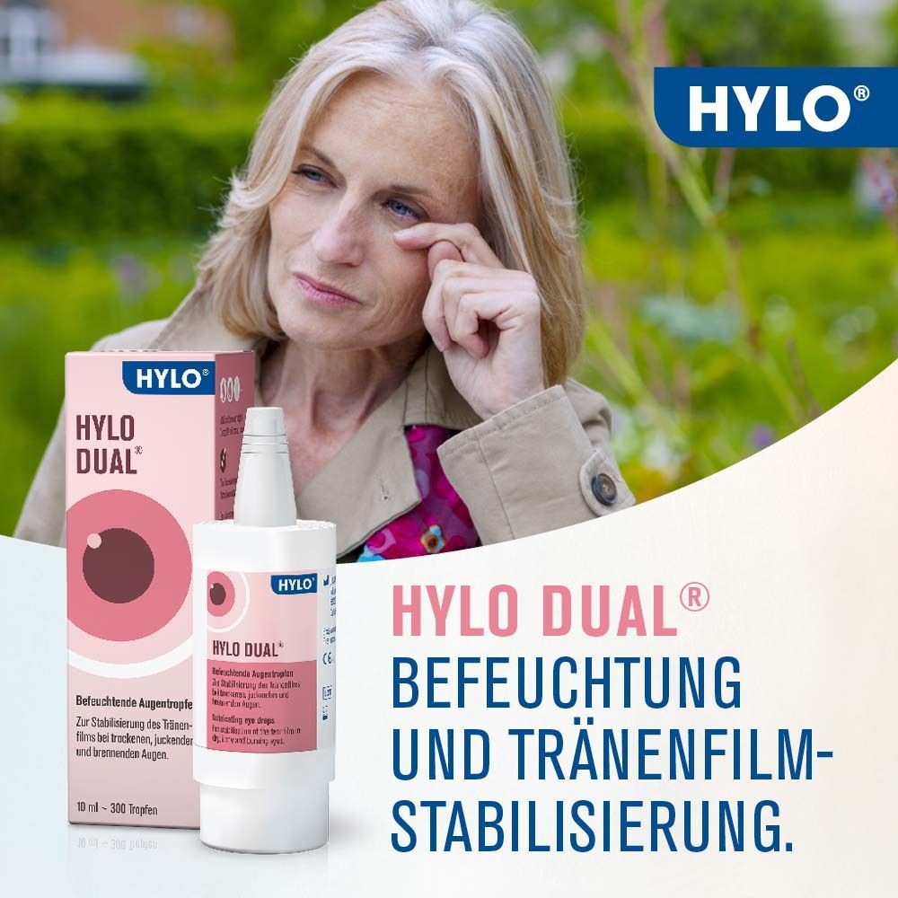 Frau hält Flasche HYLO-DUAL® am Auge. Verpackung links. Text: Befeuchtung und Tränenfilmstabilisierung.