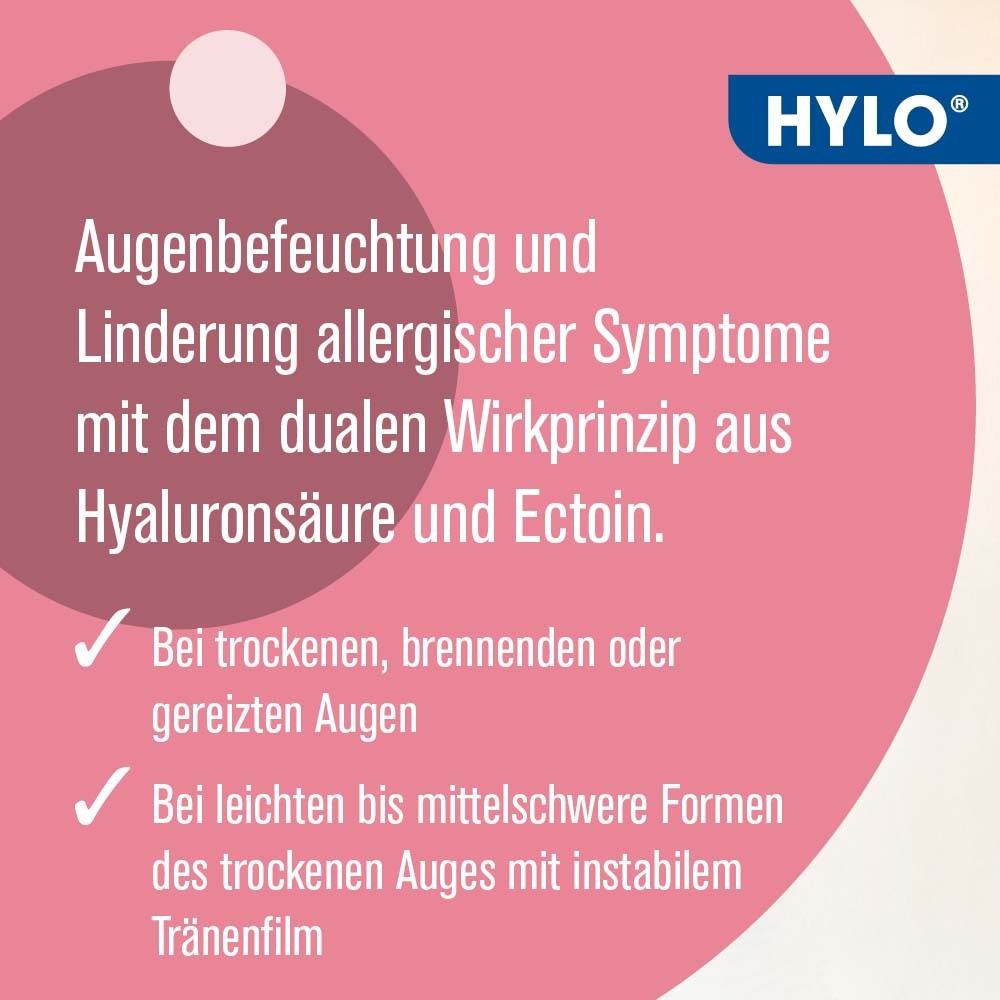 Text auf rosa Hintergrund. Augenbefeuchtung und Linderung allergischer Symptome. Vorteile: Trockene, brennende Augen.