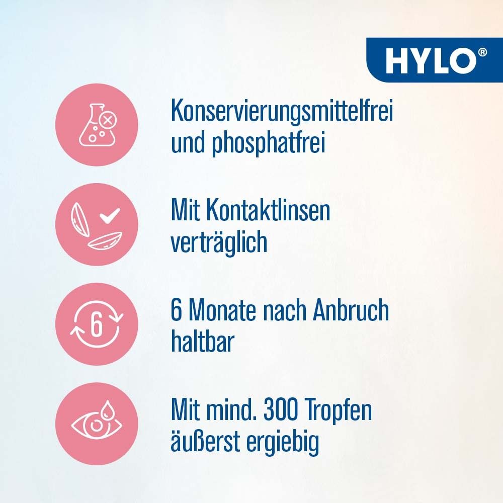 Text auf rosa Hintergrund. Vorteile: Konservierungsmittelfrei, Kontaktlinsenverträglich, 6 Monate haltbar, 300 Tropfen.