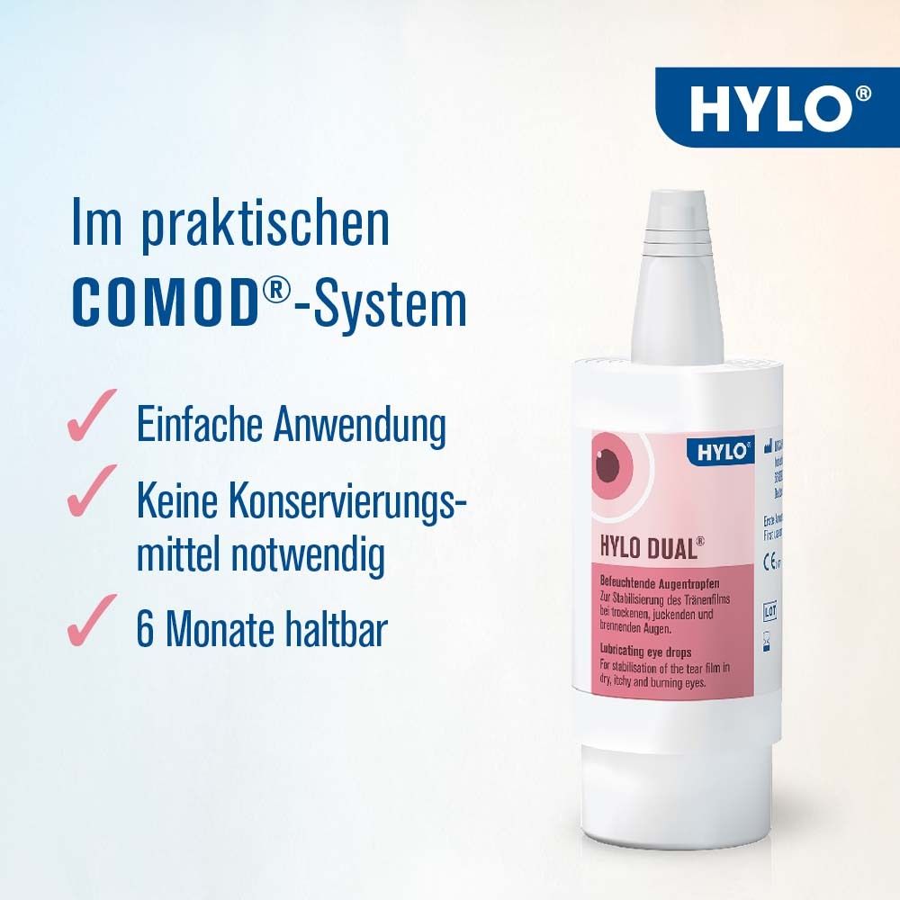 Flasche HYLO-DUAL® im COMOD®-System. Vorteile: Einfache Anwendung, ohne Konservierungsmittel, 6 Monate haltbar.