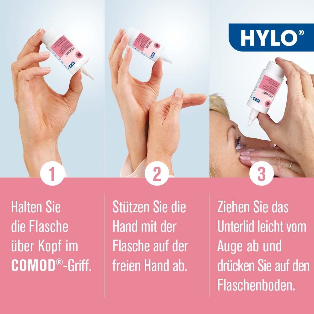Anwendung von HYLO-DUAL®: 3 Schritte. Flasche über Kopf halten, Hand abstützen, Unterlid abziehen und drücken.