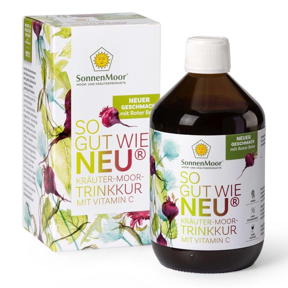 Braune Glasflasche und Karton mit Produktaufdruck. Aufschrift: SO GUT WIE NEU, Kräuter-Moor-Trinkkur mit Vitamin C. SonnenMoor Logo.