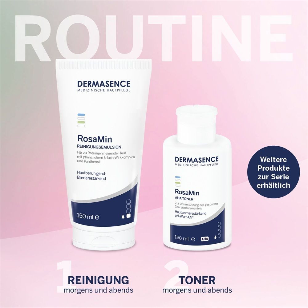 DERMASENCE RosaMin Reinigungsemulsion (150 ml) und AHA Toner (160 ml) für morgendliche und abendliche Anwendung.