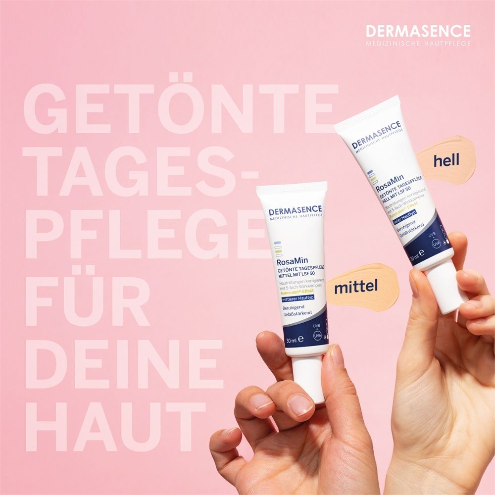 Zwei Tuben getönte Tagespflege, eine hell, eine mittel. Hände halten die Tuben.