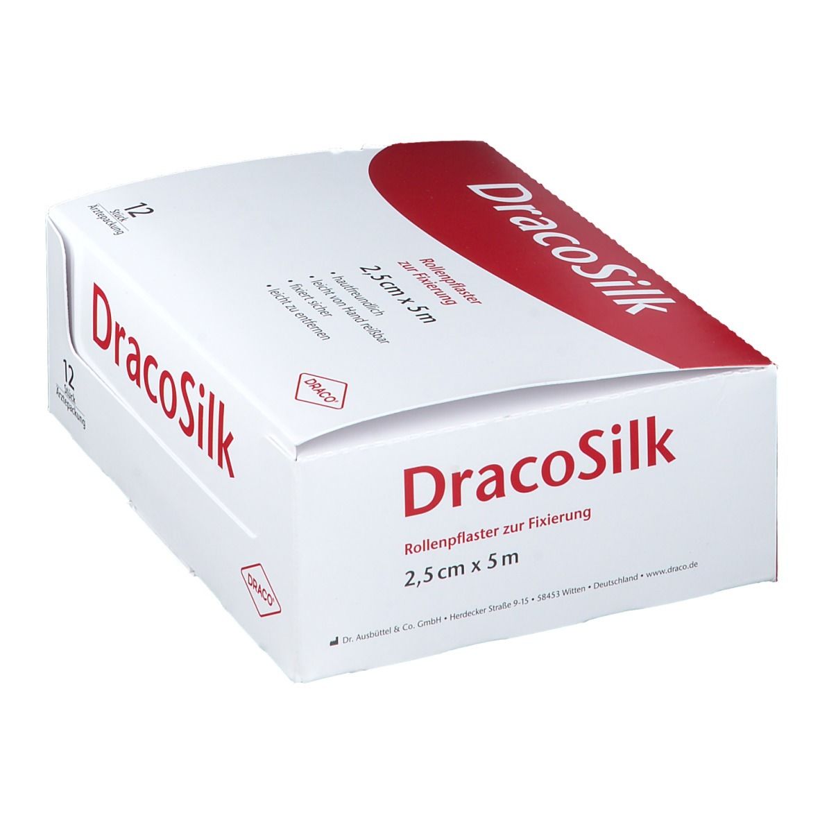 DracoSilk Rollenpflaster 2,5 cm x 5 m, 12 Stück Arztpackung.