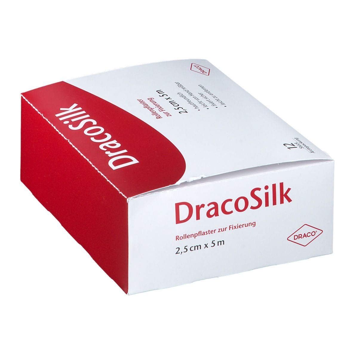 DracoSilk Rollenpflaster 2,5 cm x 5 m, 12 Stück Arztpackung.