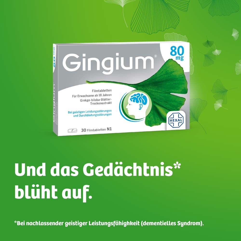 Gingium 80 mg Packung. Text: Und das Gedächtnis blüht auf. Hintergrund grün mit Blättern.