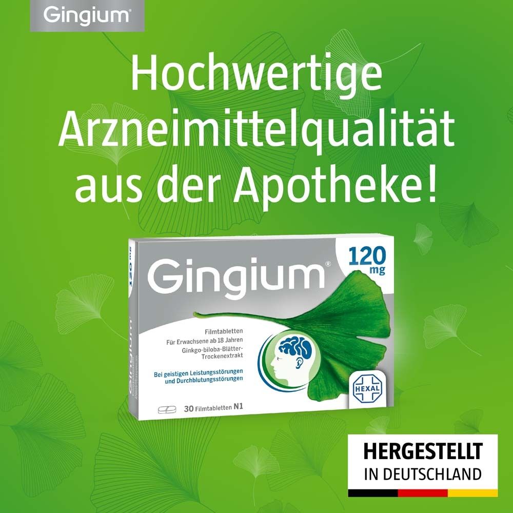 Gingium 120 mg Packung. Aufschrift: Gingium, 120 mg, Ginkgo-Blatt. Text: Hochwertige Arzneimittelqualität.