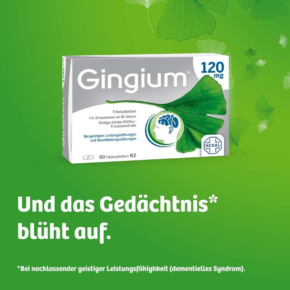 Gingium 120 mg Packung. Graue Schachtel mit Ginkgo-Blatt-Motiv. Text: Und das Gedächtnis blüht auf.