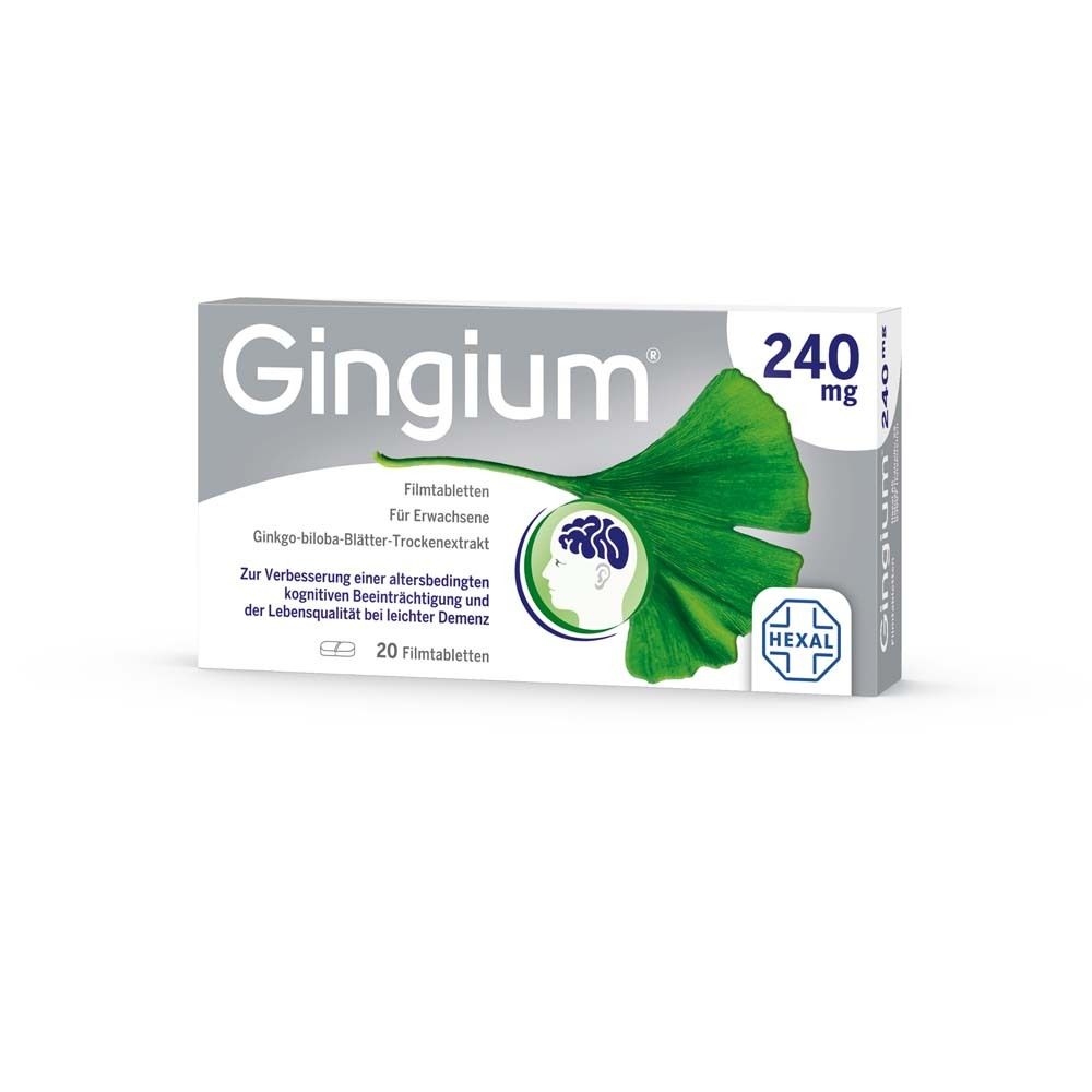 Gingium 240 mg Packung. Graue Schachtel mit Ginkgo-Blatt und Text. 20 Filmtabletten.