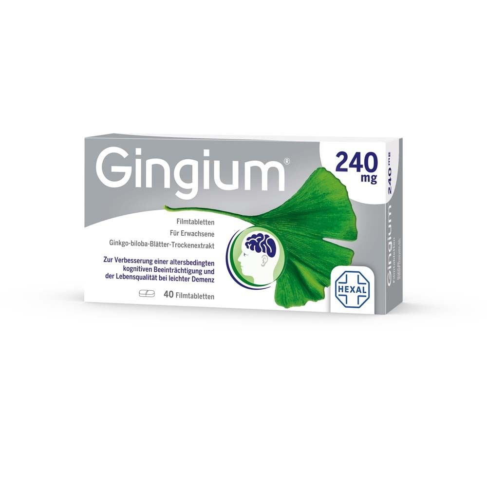 Gingium® 240 mg Packung. Graue Schachtel mit grünem Ginkgo-Blatt und Produktinformationen.