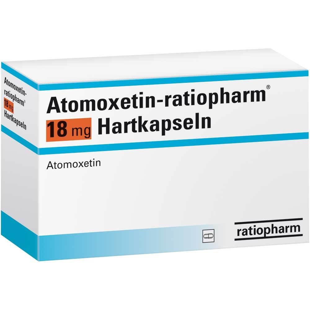 Schachtel mit Atomoxetin-ratiopharm® 18 mg Hartkapseln. Aufschrift: Atomoxetin, 18 mg, Hartkapseln. Marke ratiopharm.