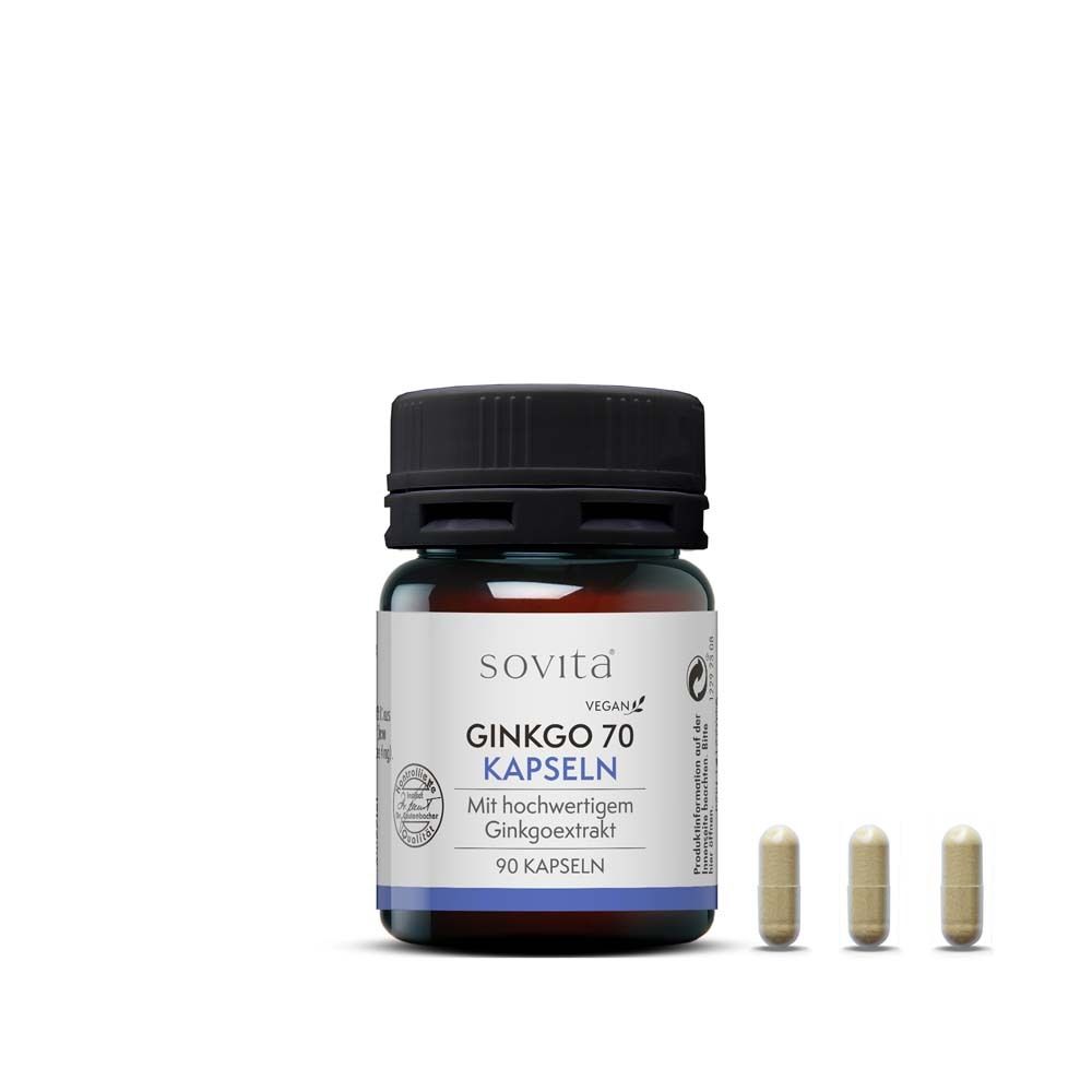 Braune Glasflasche mit schwarzem Deckel und Kapseln daneben. Etikett mit Produktinformationen. Aufschrift: sovita® Ginkgo 70 Kapseln.