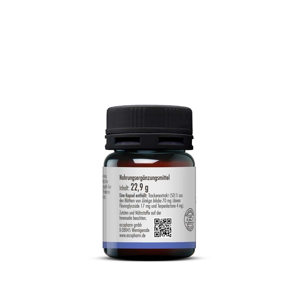 Rückseite einer braunen Glasflasche mit schwarzem Deckel. Etikett mit Produktinformationen und QR-Code. Aufschrift: Nahrungsergänzungsmittel.