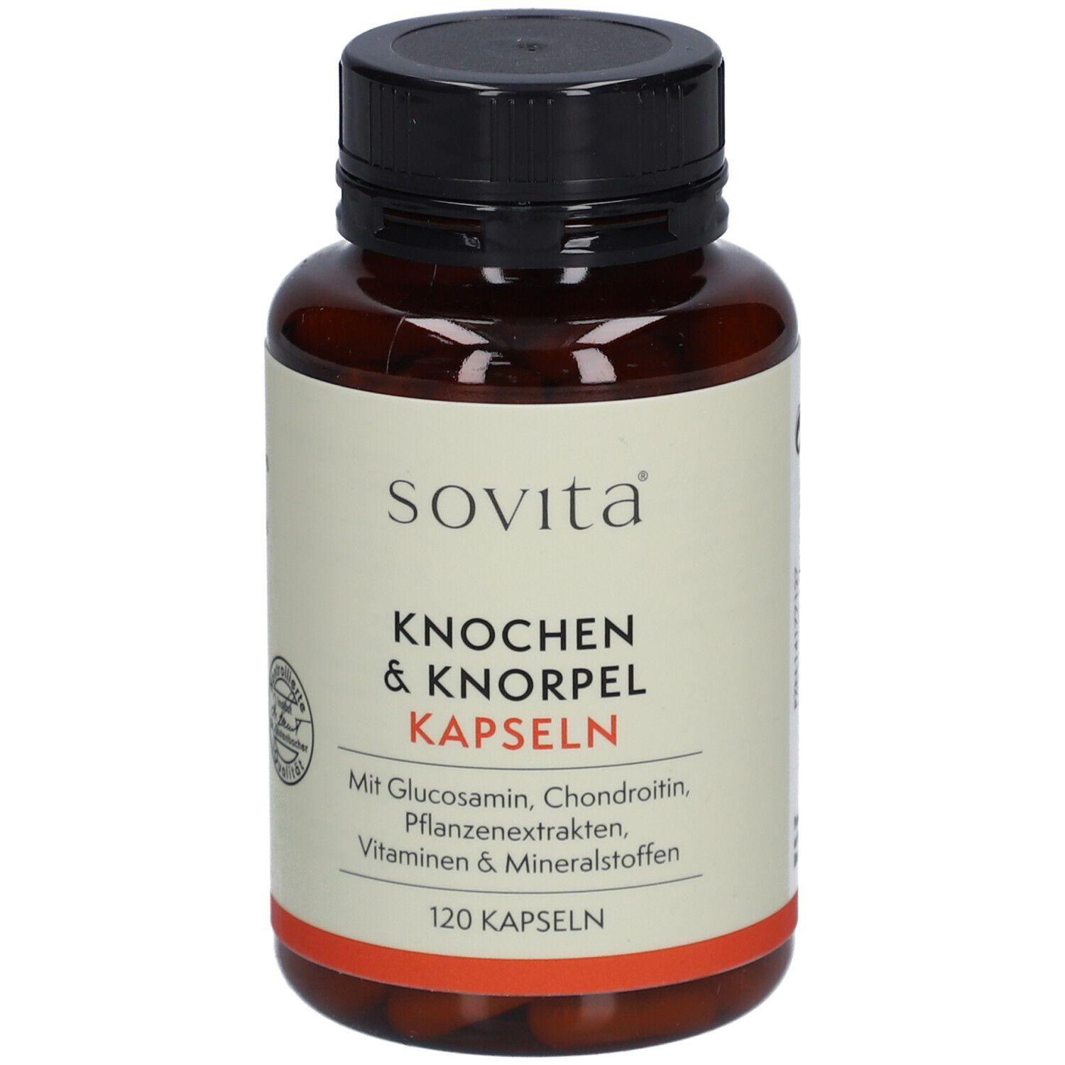 Braune Kapsel-Dose mit schwarzem Deckel. Aufschrift: sovita Knochen & Knorpel Kapseln. 120 Kapseln.