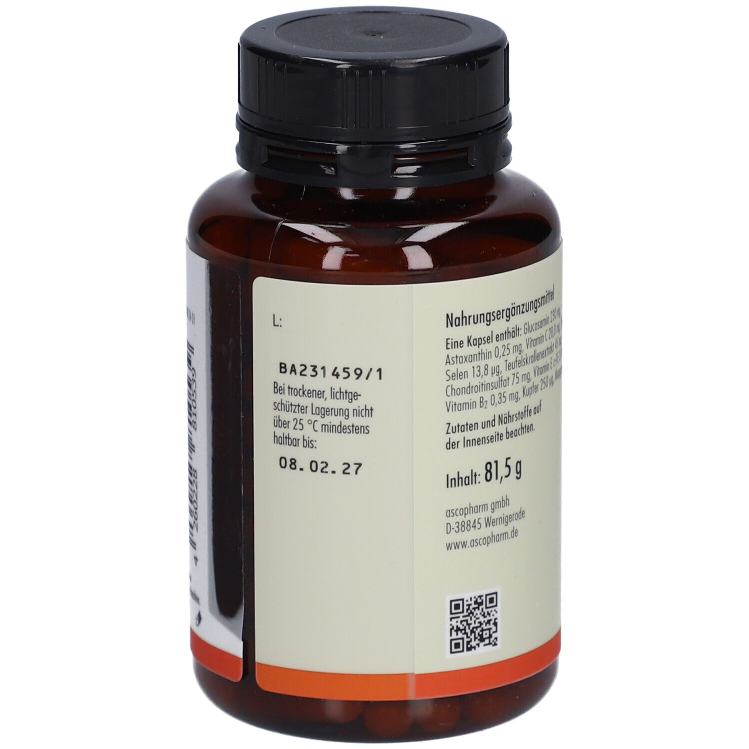 Rückseite der Kapsel-Dose. Angaben zu Inhaltsstoffen und Nährwerten. Mindestens haltbar bis: 08.02.27. Gewicht: 81,5 g.