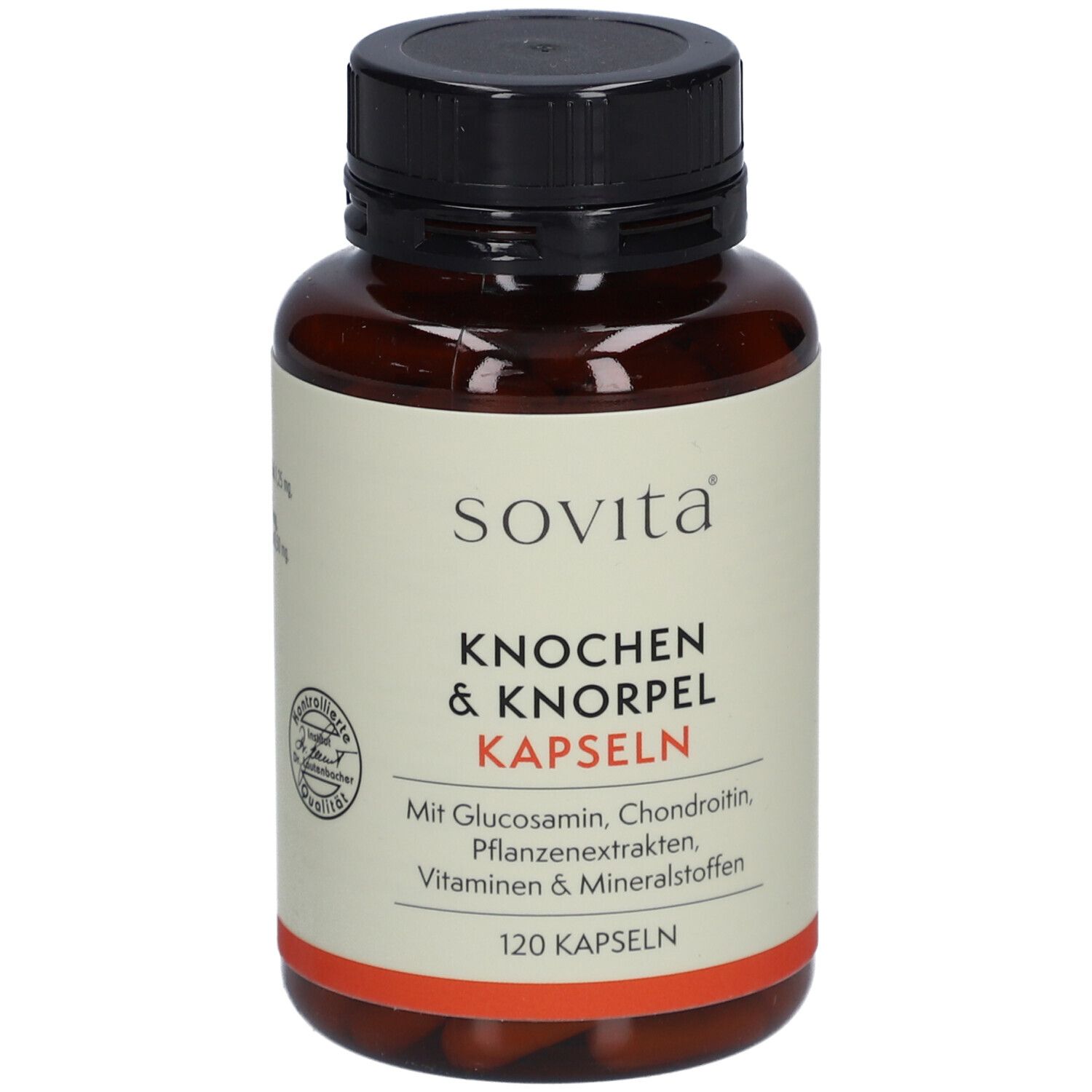 Braune Kapsel-Dose mit schwarzem Deckel. Aufschrift: sovita Knochen & Knorpel Kapseln. 120 Kapseln.