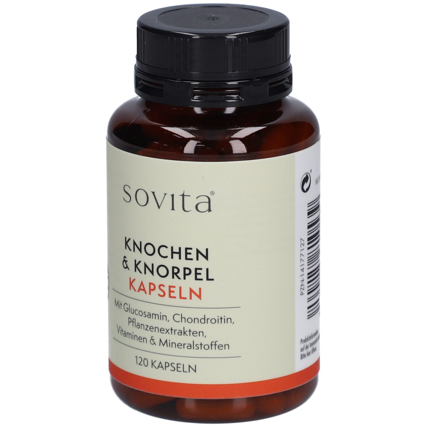 Braune Kapsel-Dose mit schwarzem Deckel. Aufschrift: sovita Knochen & Knorpel Kapseln. 120 Kapseln. Etikett mit PZN-Nummer.