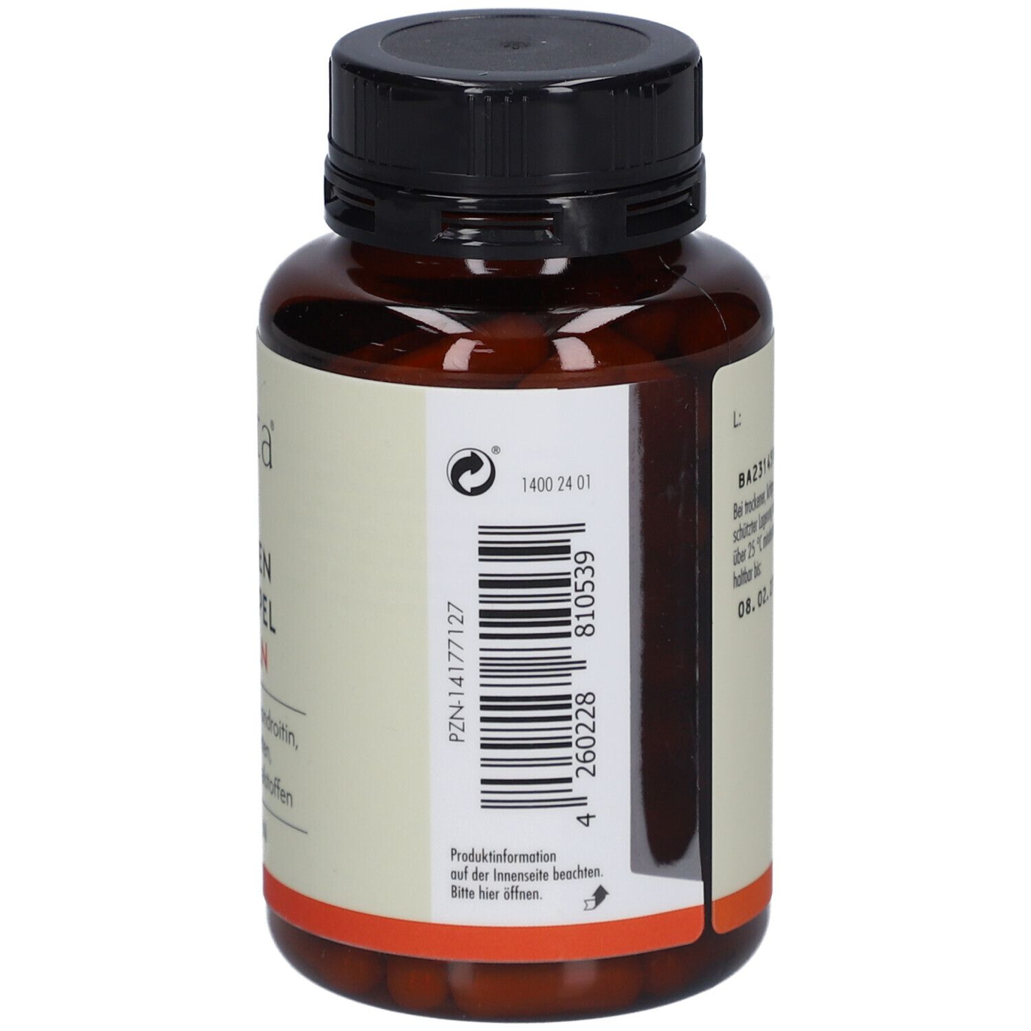 Rückseite der Kapsel-Dose. Barcode und PZN-Nummer. Aufschrift: sovita. Informationen zur Anwendung.