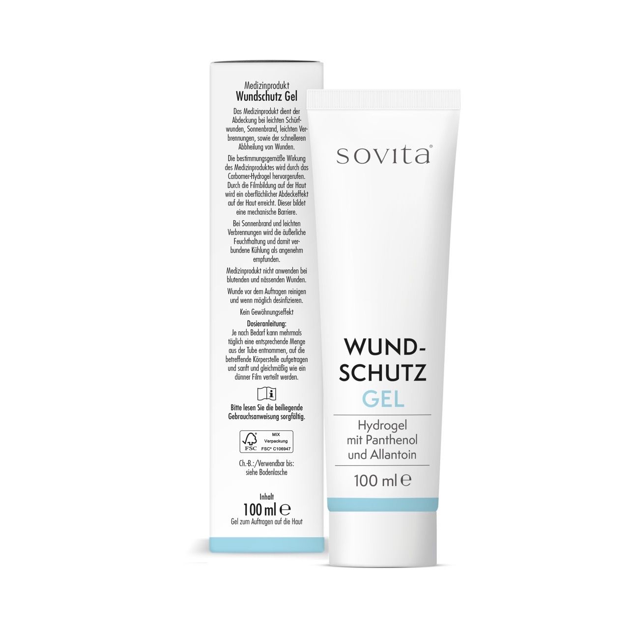 Weiße Tube und Karton. Auf der Tube steht: Wundschutz Gel, Hydrogel mit Panthenol und Allantoin. Auf dem Karton steht: sovita®.