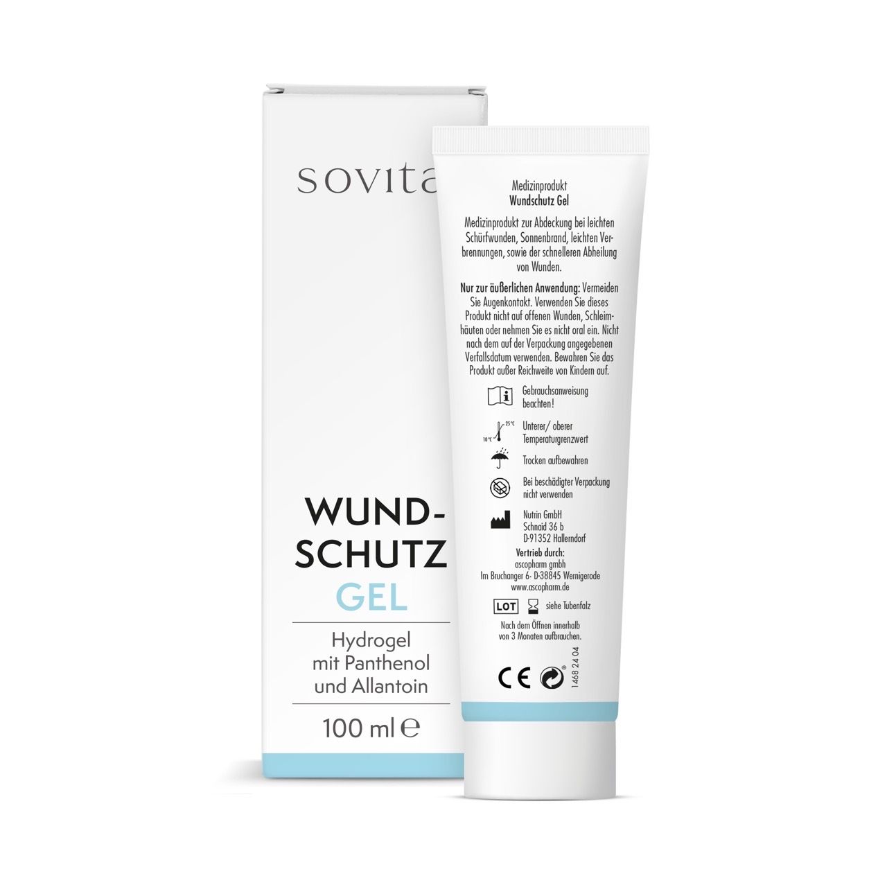 Weiße Tube und Karton. Auf der Tube steht: Wundschutz Gel, Hydrogel mit Panthenol und Allantoin. Auf dem Karton steht: sovita®.