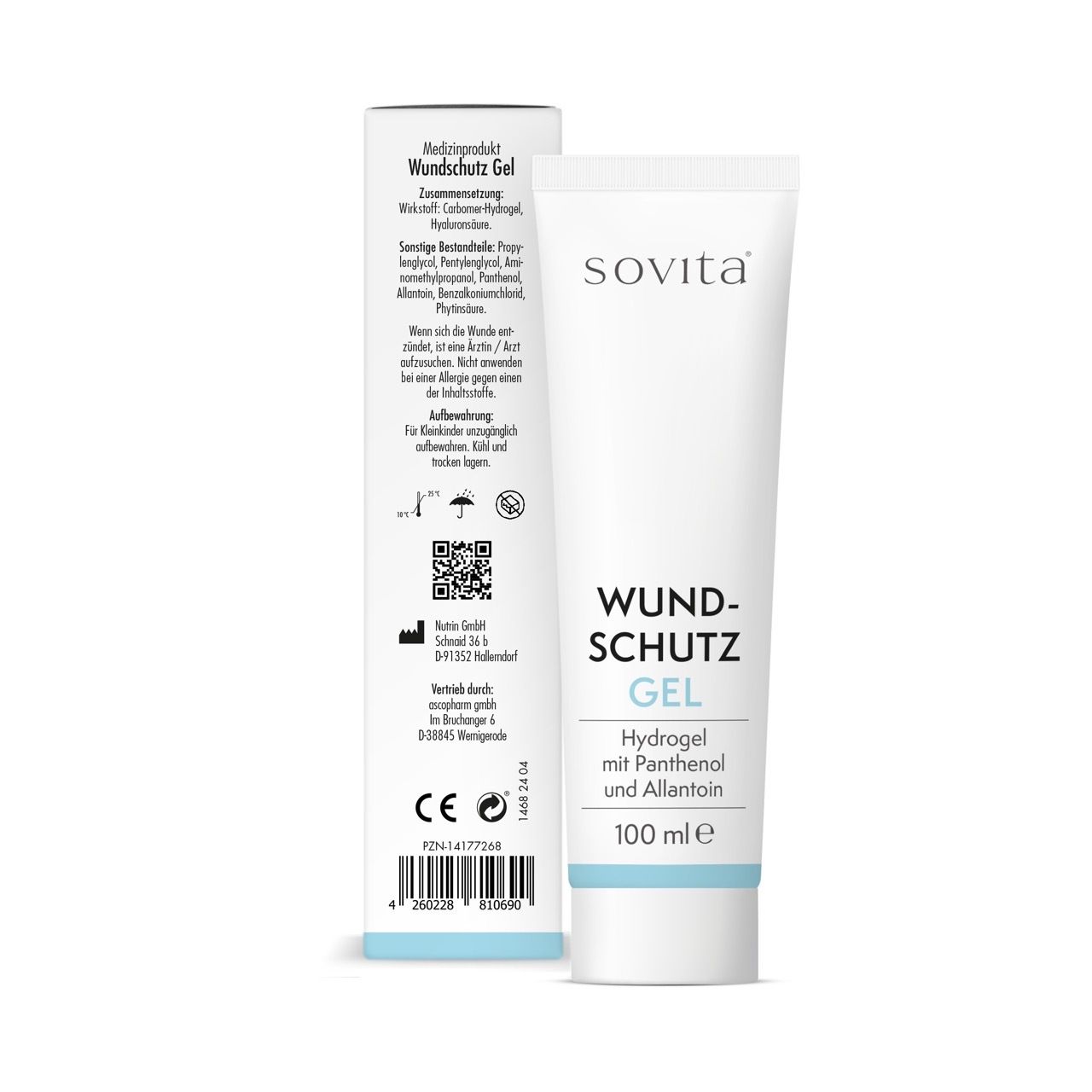 Weiße Tube und Karton. Auf der Tube steht: Wundschutz Gel, Hydrogel mit Panthenol und Allantoin. Auf dem Karton steht: sovita®.
