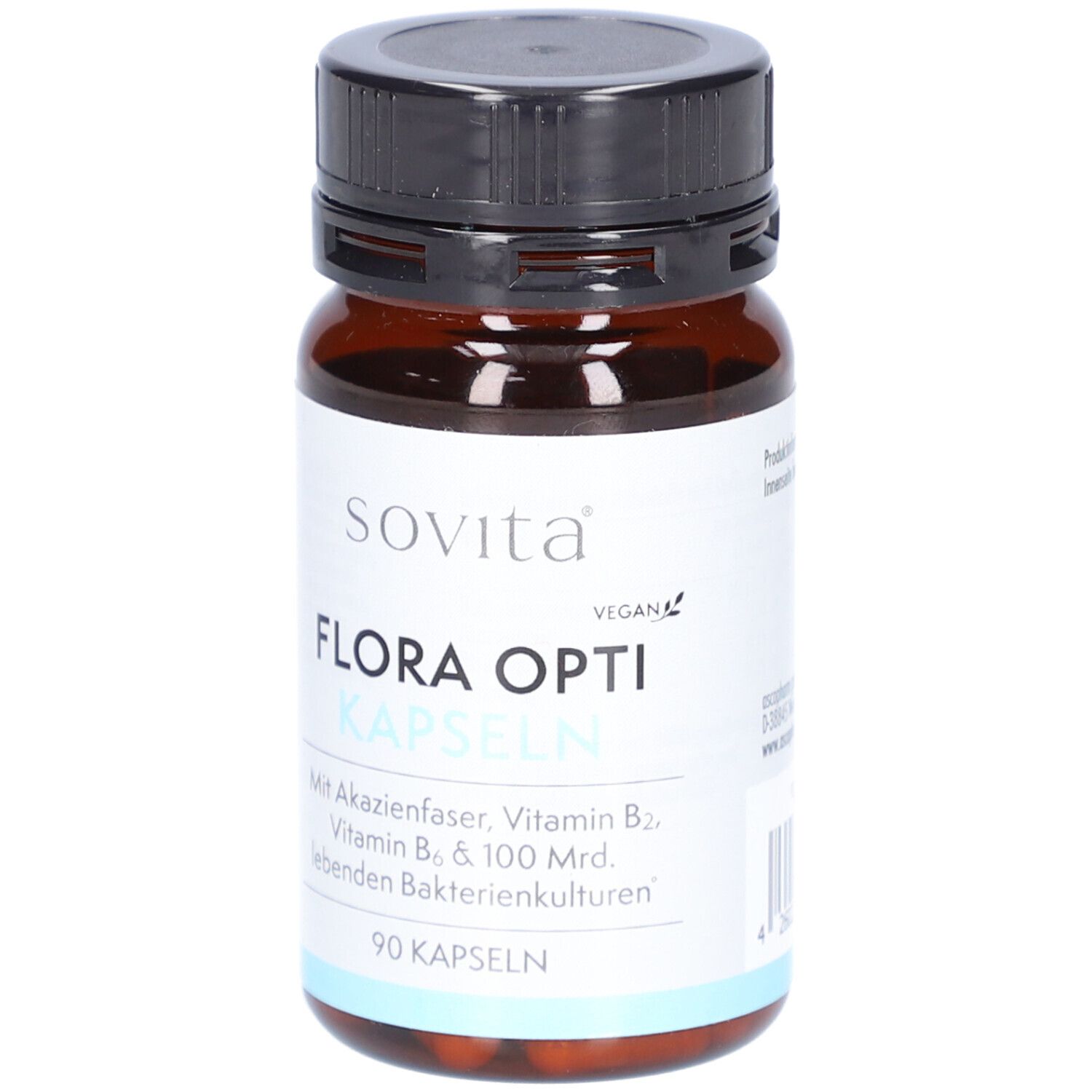 Braune Glasflasche mit schwarzem Deckel. Aufschrift: SOVITA Flora Opti Kapseln. 90 Kapseln. Vegan.