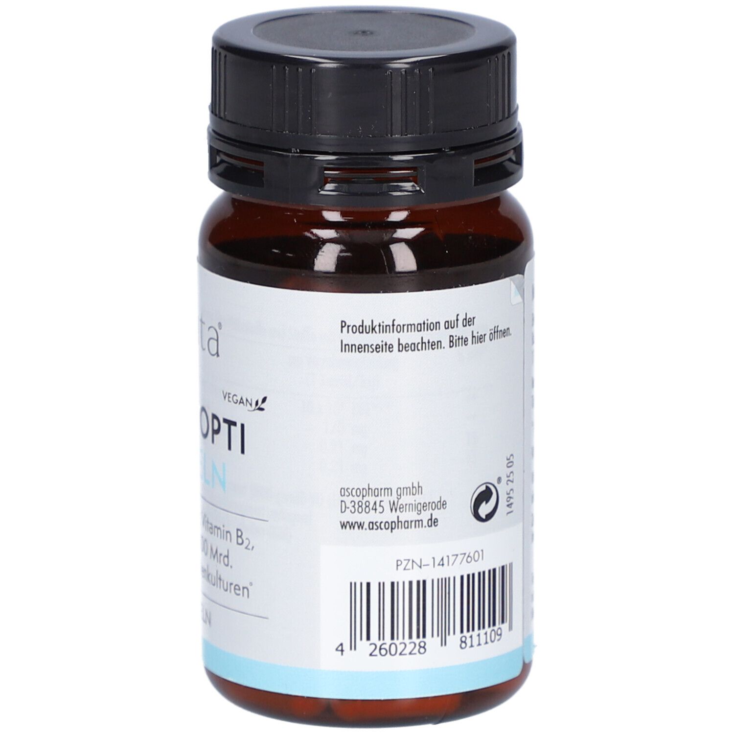 Braune Glasflasche mit schwarzem Deckel. Aufschrift: SOVITA Flora Opti Kapseln. Barcode. Herstelleradresse.