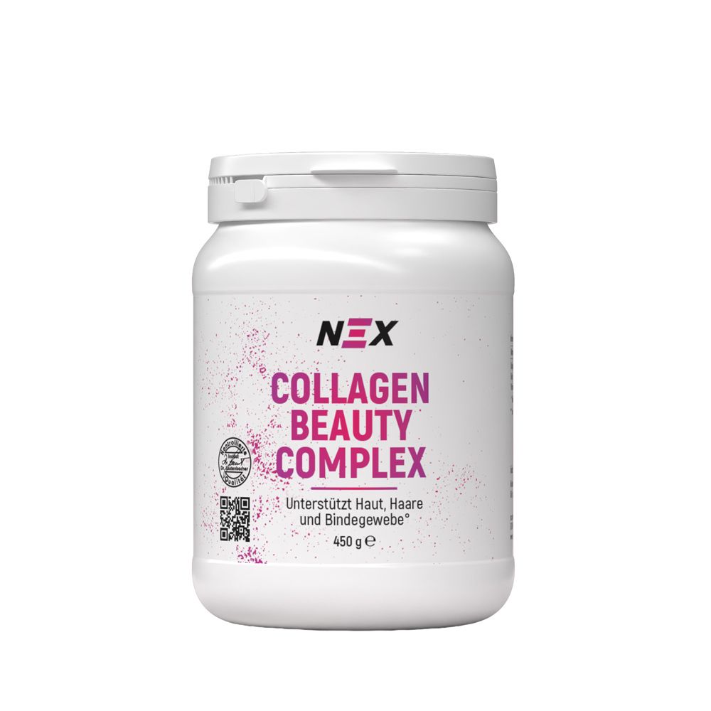 Weißes NEX Nutrition Collagen Beauty Complex-Pulver. Dose mit Deckel. Aufschrift: Collagen Beauty Complex, 450g. Mit Logo und QR-Code.