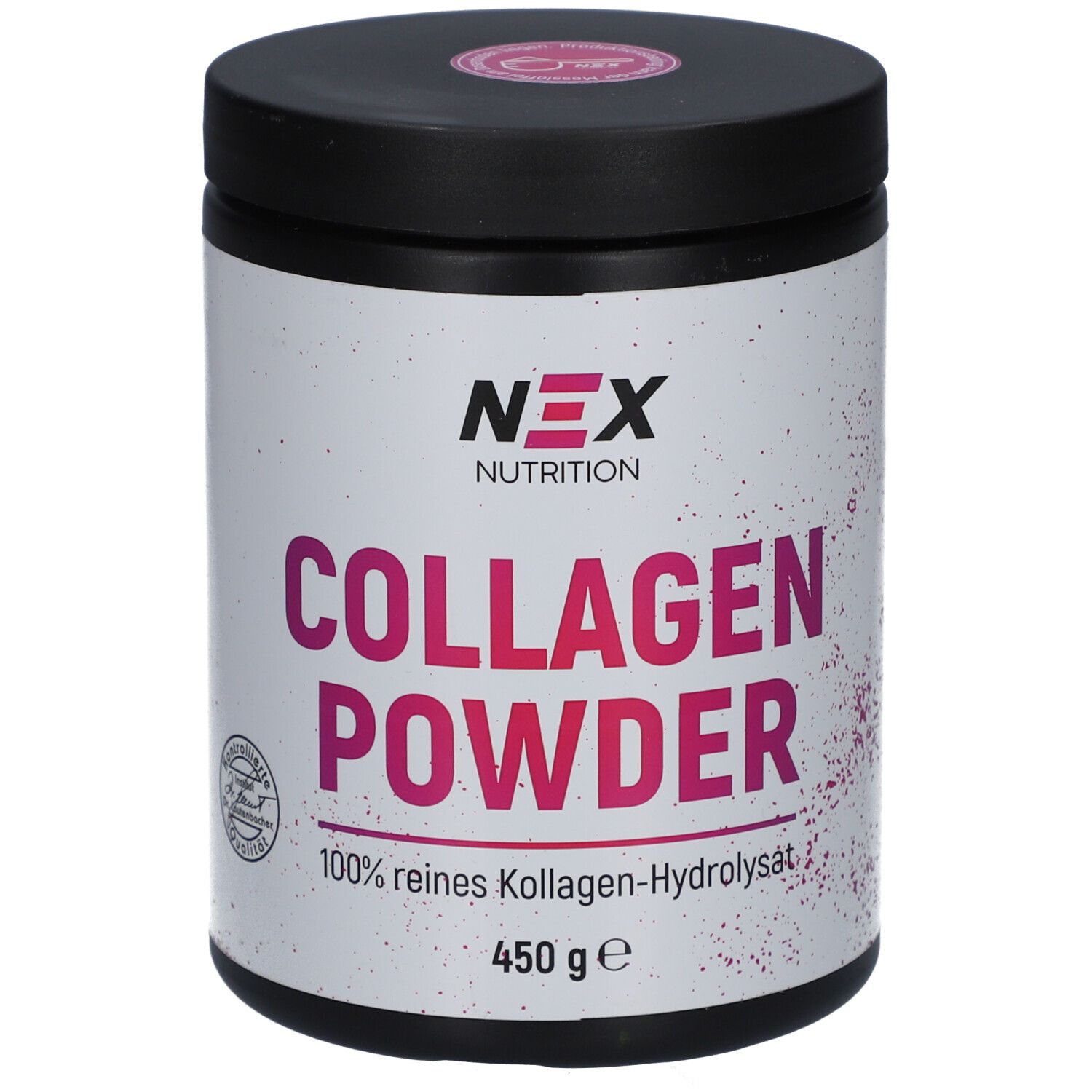 NEX Nutrition Collagen Powder Dose. Schwarzer Deckel, weißes Etikett mit Logo und Produktbezeichnung. 450g.