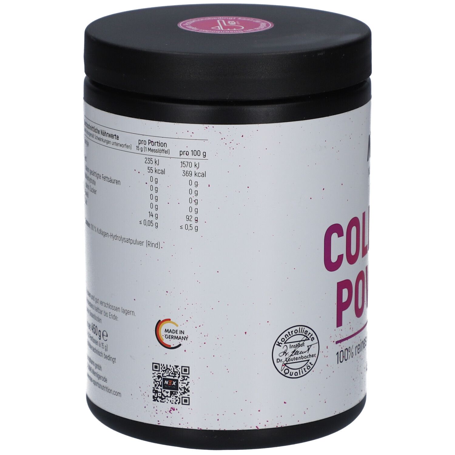 NEX Nutrition Collagen Powder Dose. Rückseite mit Nährwertangaben und Herkunftszeichen. 450g.