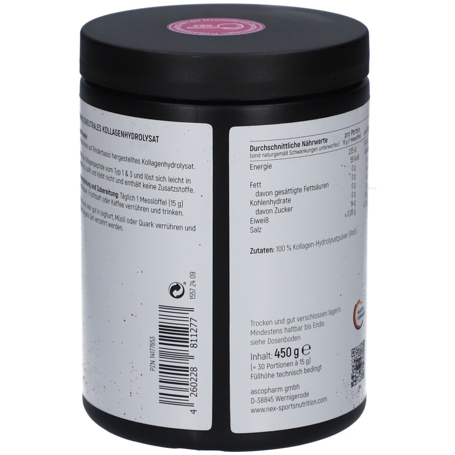 NEX Nutrition Collagen Powder Dose. Rückseite mit Inhaltsangaben, QR-Code und Mindesthaltbarkeitsdatum. 450g.
