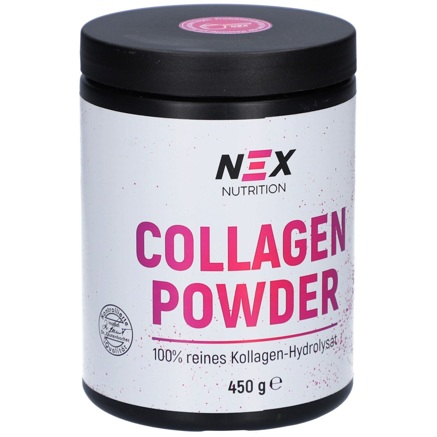 NEX Nutrition Collagen Powder Dose. Schwarzer Deckel, weißes Etikett mit Logo und Produktbezeichnung. 450g.