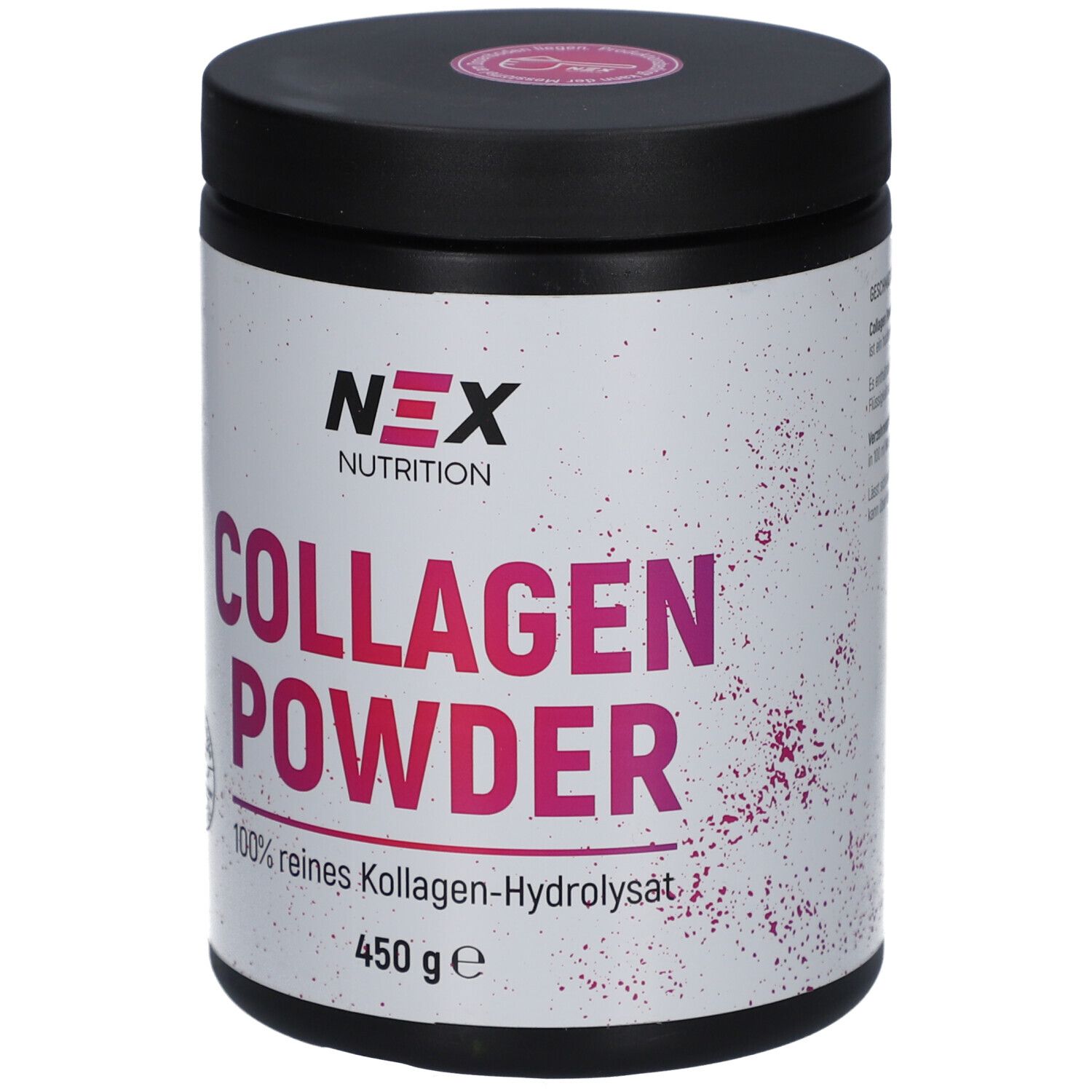 NEX Nutrition Collagen Powder Dose. Schwarzer Deckel, weißes Etikett mit Logo und Produktbezeichnung. 450g.
