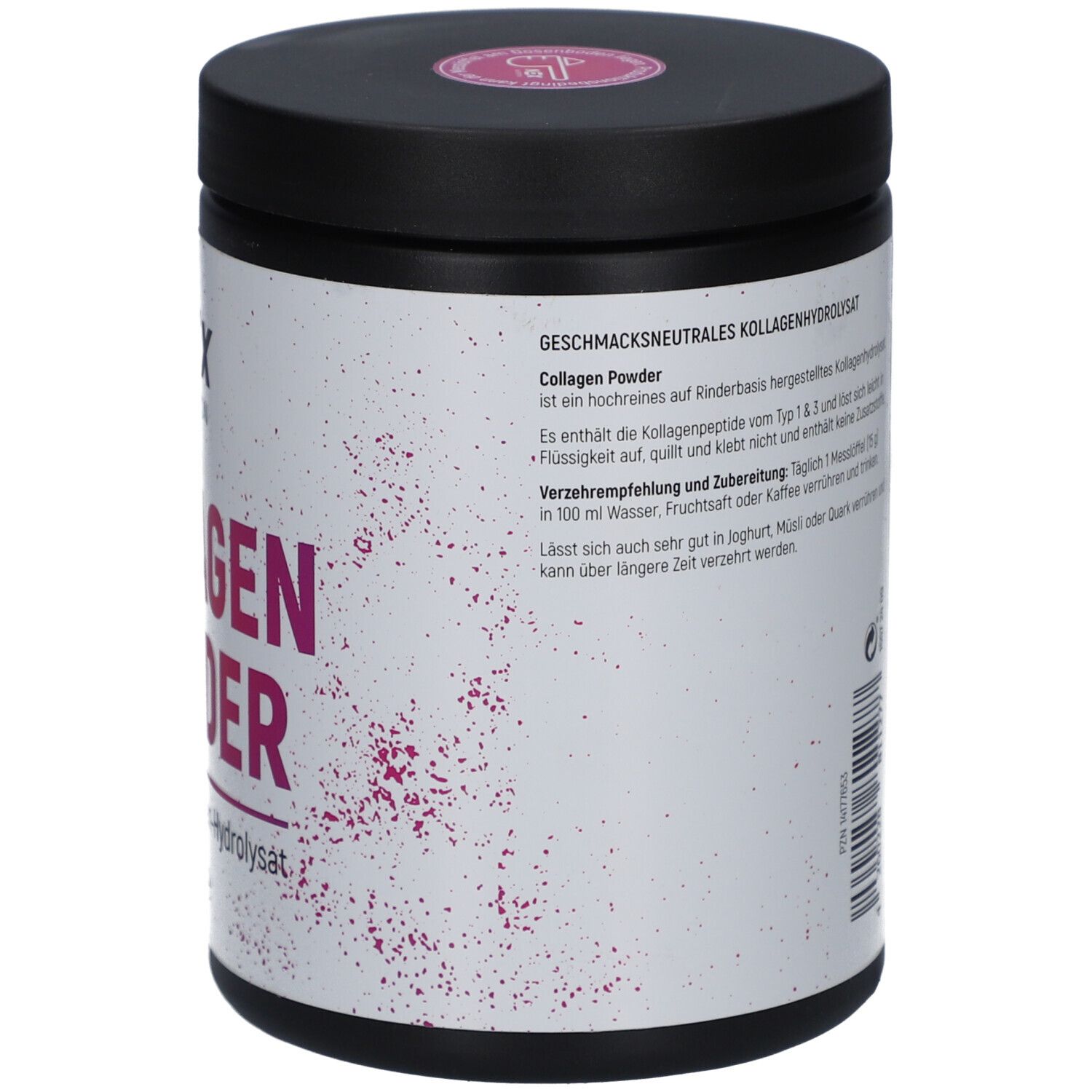 NEX Nutrition Collagen Powder Dose. Rückseite mit Produktinformationen und Anwendungshinweisen. 450g.