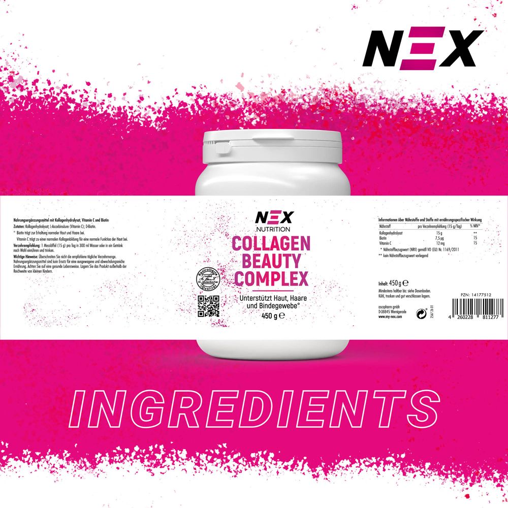 NEX Nutrition Collagen Beauty Complex Dose mit Etikett. Text: Inhaltsstoffe. Logo, QR-Code, 450g. Informationen zur Nährwerte.