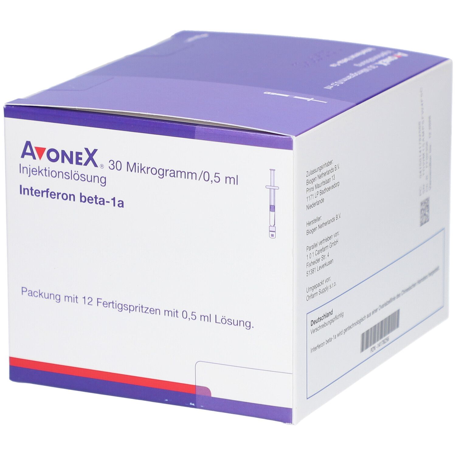 AVONEX Injektionslösung, 30 Mikrogramm/0,5 ml, Packung mit 12 Fertigspritzen. Box mit lila Deckel und weißem Korpus.