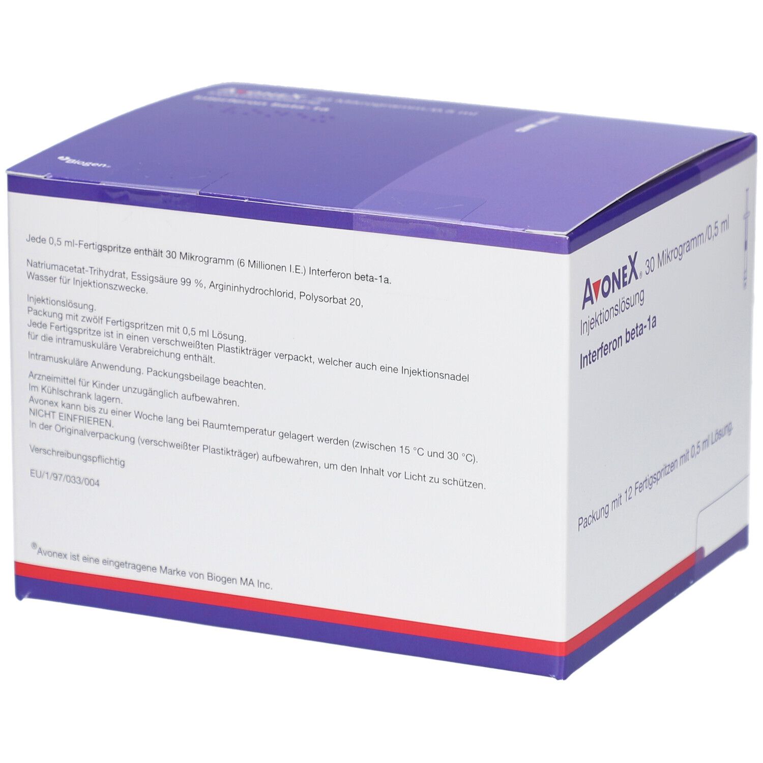 AVONEX Injektionslösung, 30 Mikrogramm/0,5 ml. Box mit Text auf weißem Grund. Enthält Informationen zur Anwendung und Inhaltsstoffe.