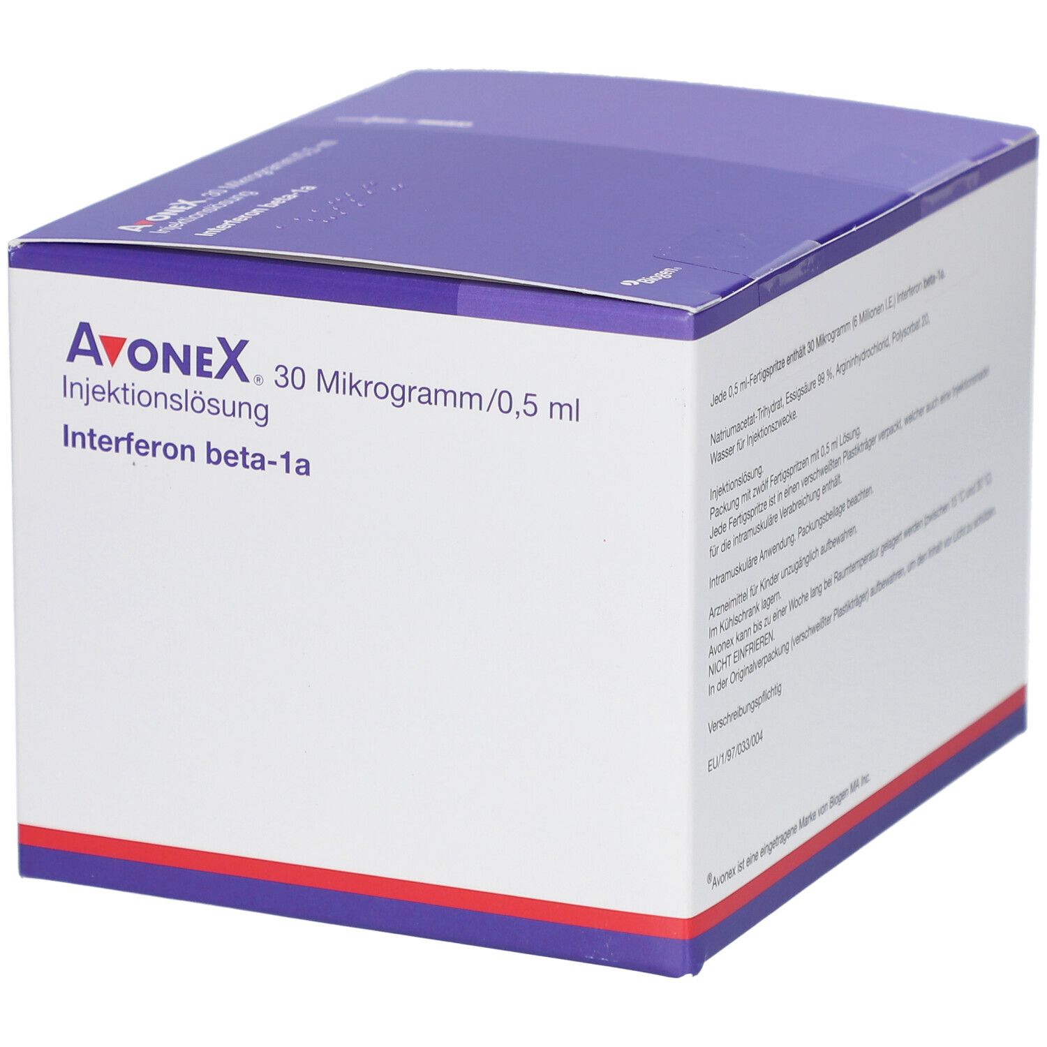 AVONEX Injektionslösung, 30 Mikrogramm/0,5 ml. Box mit lila Deckel und weißem Korpus. Text und Logo auf der Vorderseite.