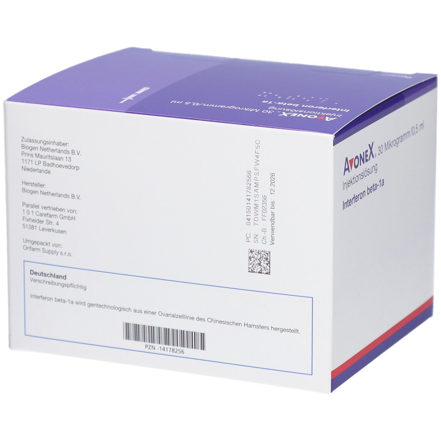AVONEX Injektionslösung, 30 Mikrogramm/0,5 ml. Box mit lila Deckel und weißem Korpus. Rückseite mit Text und Barcode.