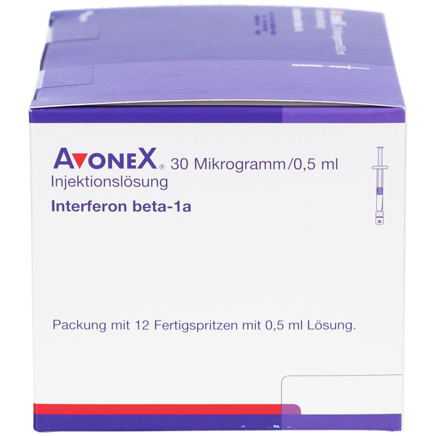 AVONEX Injektionslösung, 30 Mikrogramm/0,5 ml, Packung mit 12 Fertigspritzen. Box mit lila Deckel und weißem Korpus.