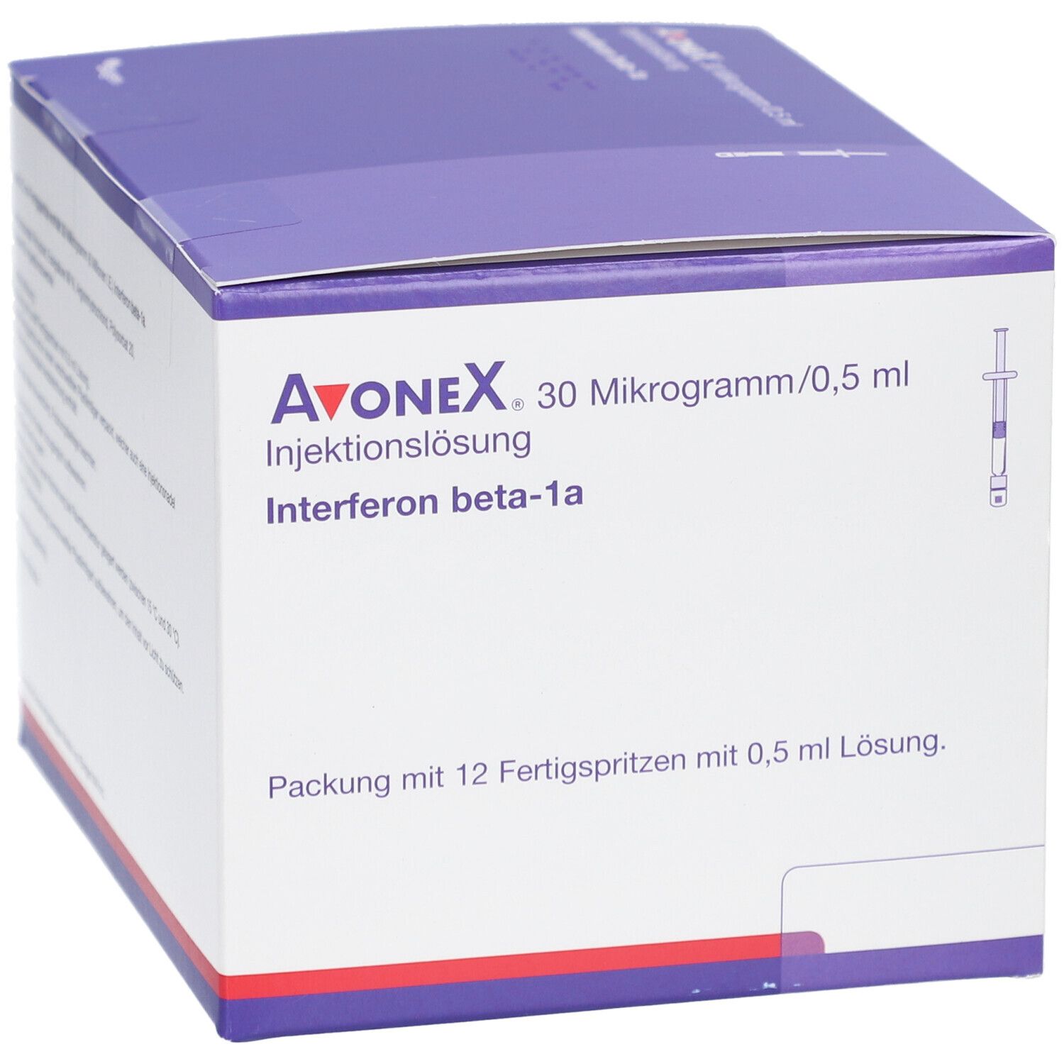 AVONEX Injektionslösung, 30 Mikrogramm/0,5 ml, Packung mit 12 Fertigspritzen. Box mit lila Deckel und weißem Korpus.