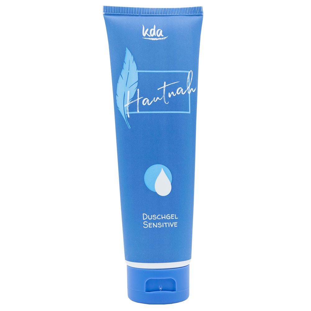 Blaue Tube mit KDA-Logo und Aufschrift 'Hautnah'. Darunter 'Duschgel Sensitive'. Feder- und Tropfendesign.
