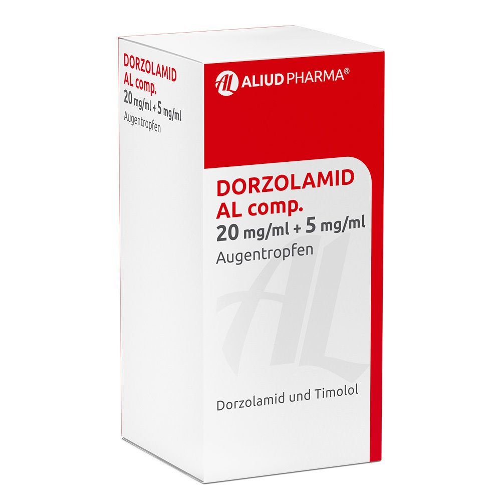 Weiße Faltschachtel mit rotem Akzent. Aufdruck: DORZOLAMID AL comp. 20 mg/ml + 5 mg/ml Augentropfen. Logo ALIUD PHARMA.