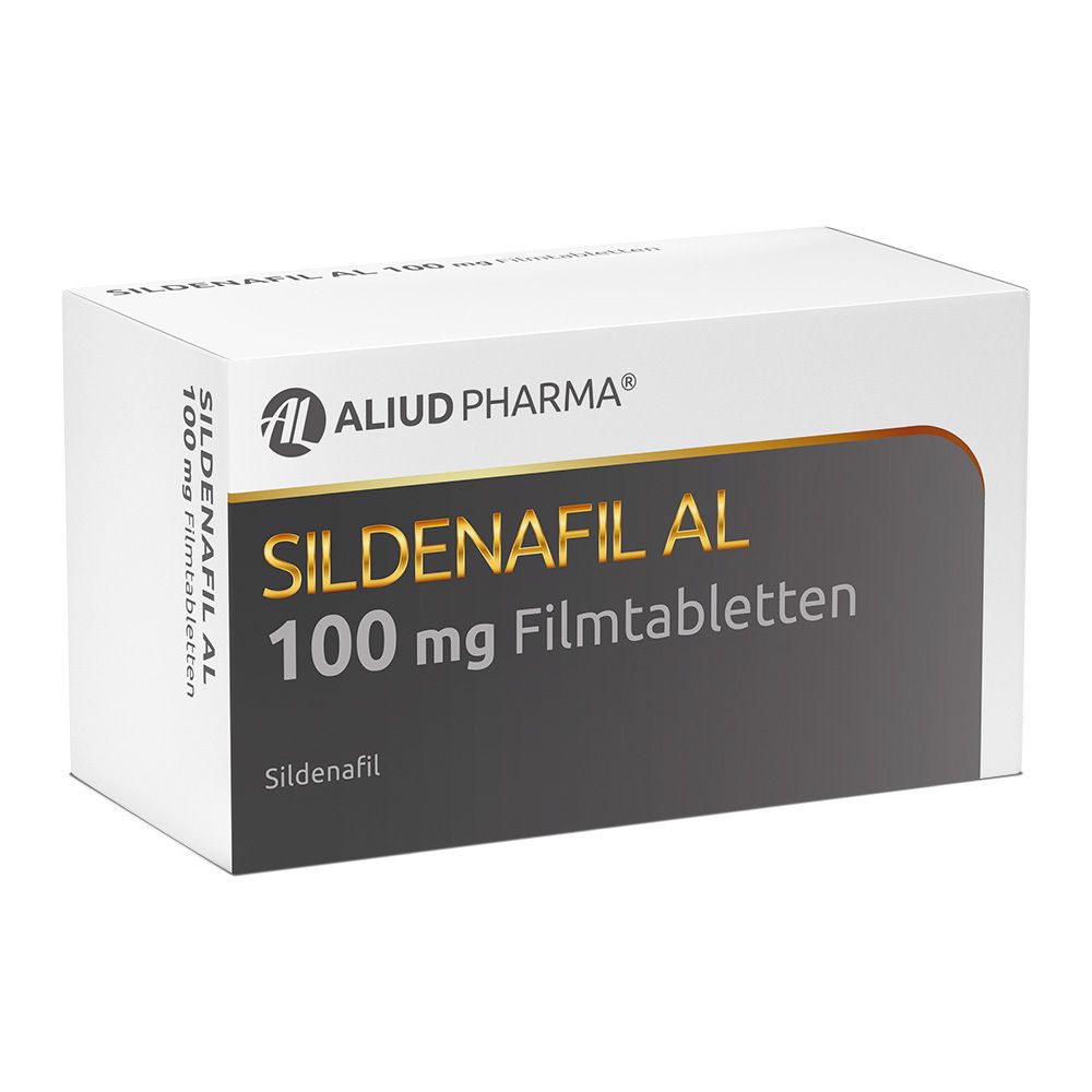 Schachtel mit SILDENAFIL AL 100 mg Filmtabletten. Aufschrift: ALIUD PHARMA, SILDENAFIL AL, 100 mg Filmtabletten, Sildenafil.