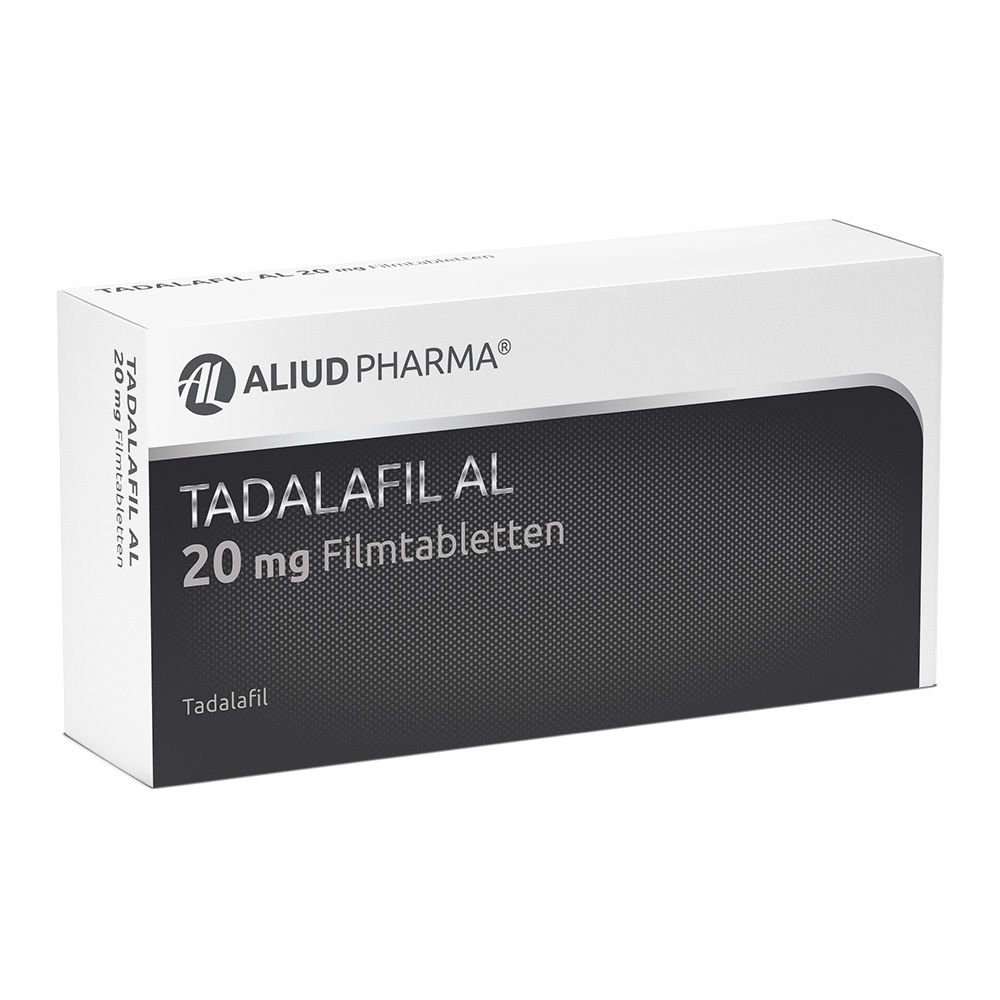 Weiße Schachtel mit Produktnamen TADALAFIL AL 20 mg Filmtabletten. Logo von ALIUD PHARMA. Schwarzer Hintergrund.