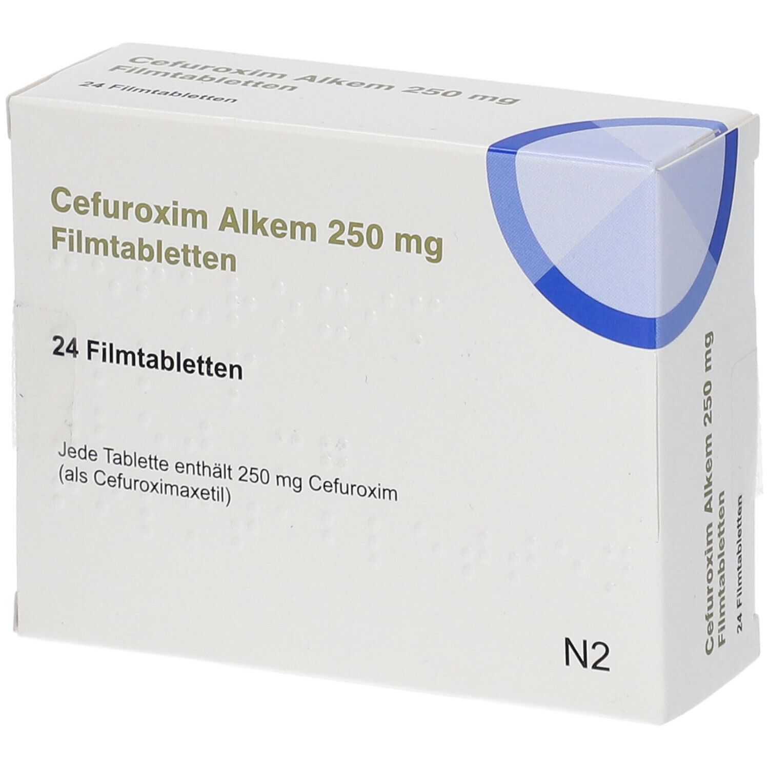 Schachtel mit Cefuroxim Alkem 250 mg Filmtabletten. 24 Tabletten. Weiße Verpackung mit blauer Markierung.