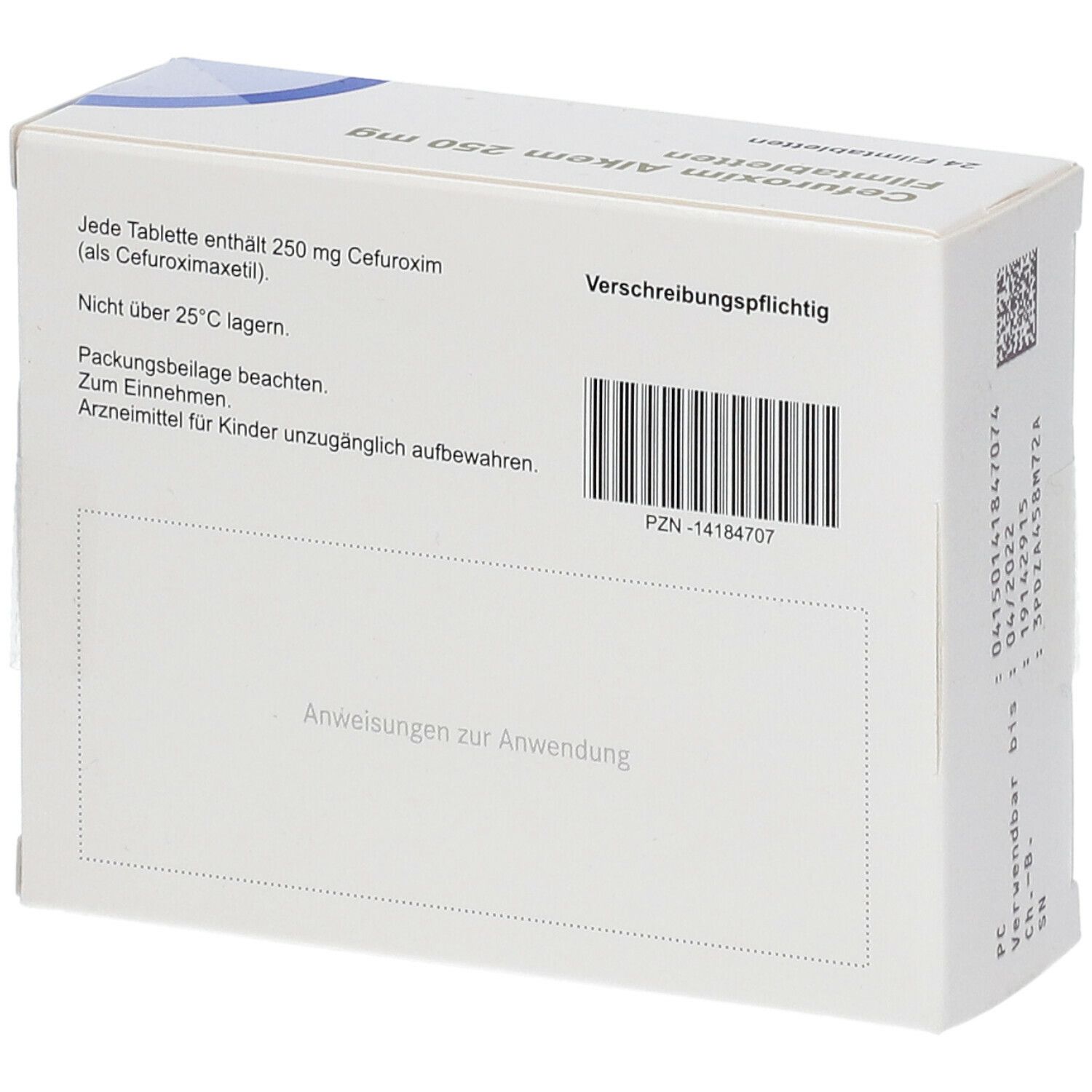 Rückseite der Schachtel mit Cefuroxim Alkem 250 mg. Enthält Informationen zu Inhaltsstoffen und Lagerung. Weiße Verpackung.