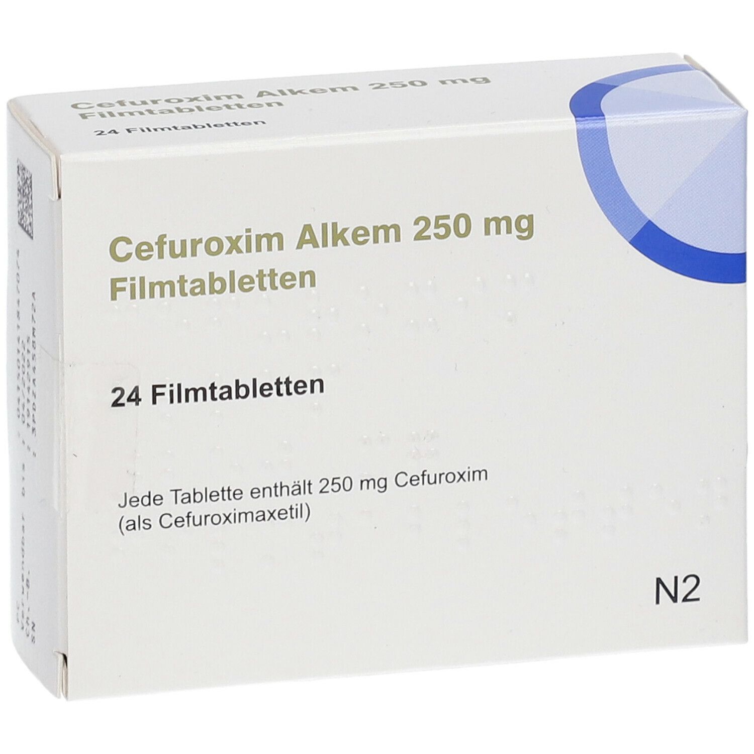 Vorderseite der Schachtel mit Cefuroxim Alkem 250 mg Filmtabletten. 24 Tabletten. Weiße Verpackung.
