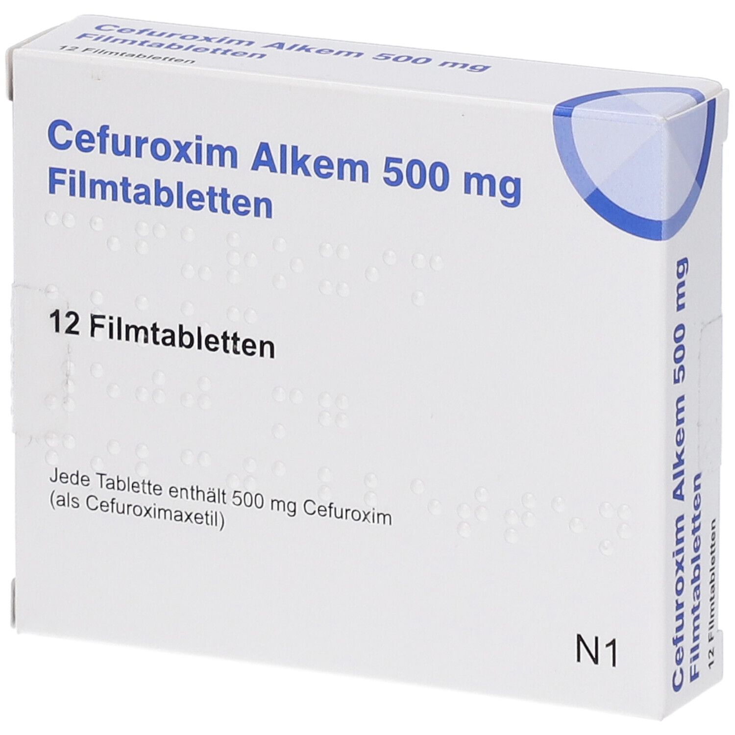 Weiße Schachtel mit "Cefuroxim Alkem 500 mg Filmtabletten". Enthält 12 Tabletten. Blaue Halbkreis-Design. N1-Kennzeichnung.